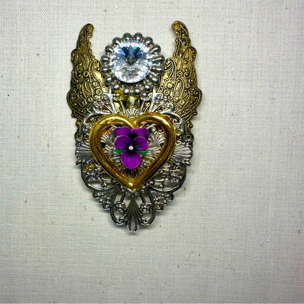 Vintage SIGNED 3” Jane AOL Angel w Flower Silver- & Gold- Tone Pin/Brooch